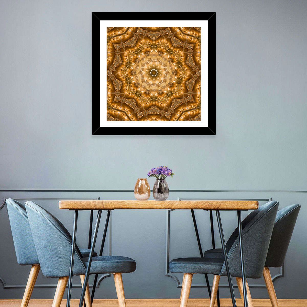Golden Buddha Mandala Kaleidoscope Pattern Wall Art in a room, square