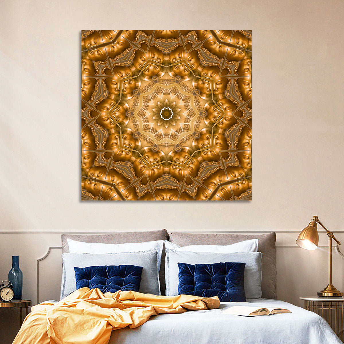 Golden Buddha Mandala Kaleidoscope Pattern Wall Art in a room, square