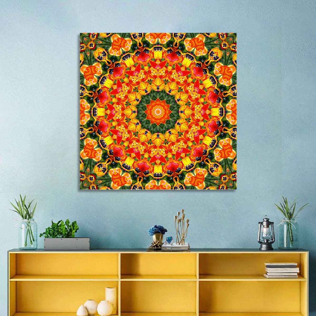 Floral Kaleidoscope Mandala Wall Art in a room, square