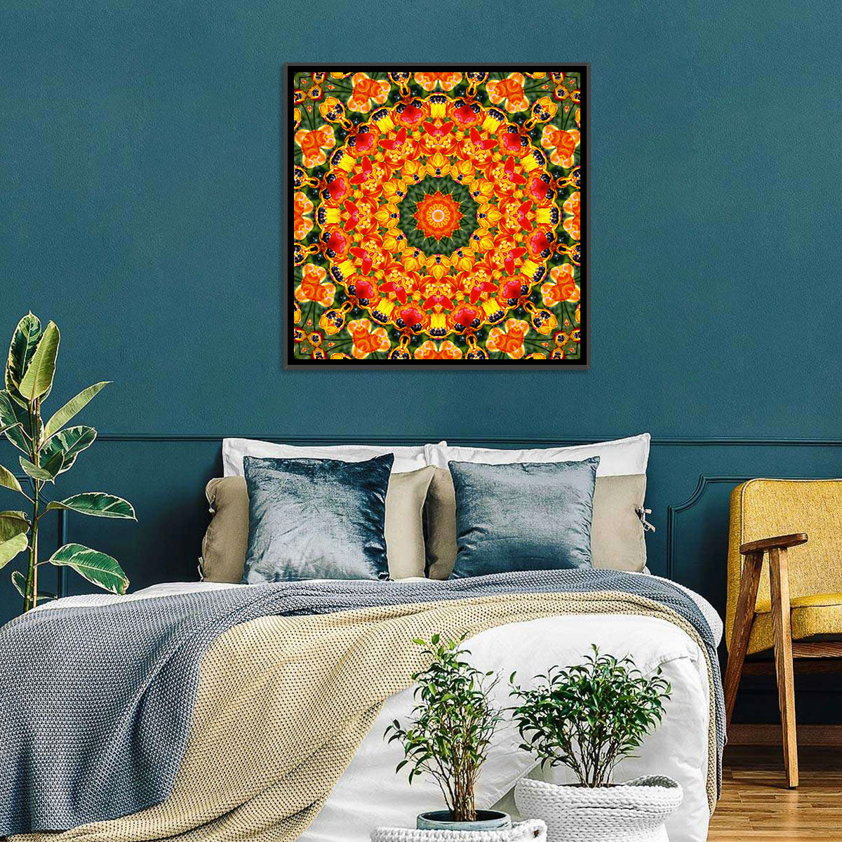 Floral Kaleidoscope Mandala Wall Art in a room, square