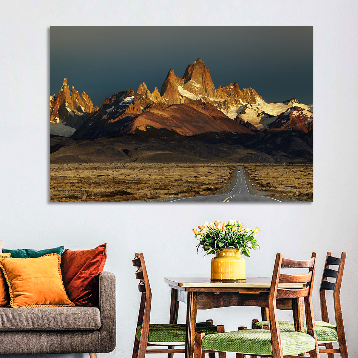 Mount Fitz Roy Sunrise Wall Art in a room, landscape