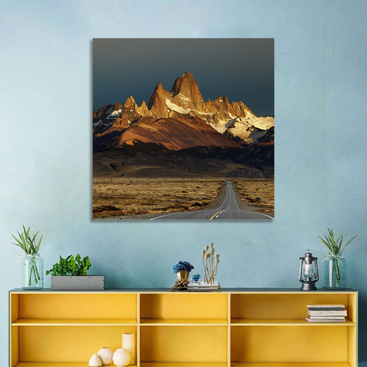 Mount Fitz Roy Sunrise Wall Art in a room, landscape