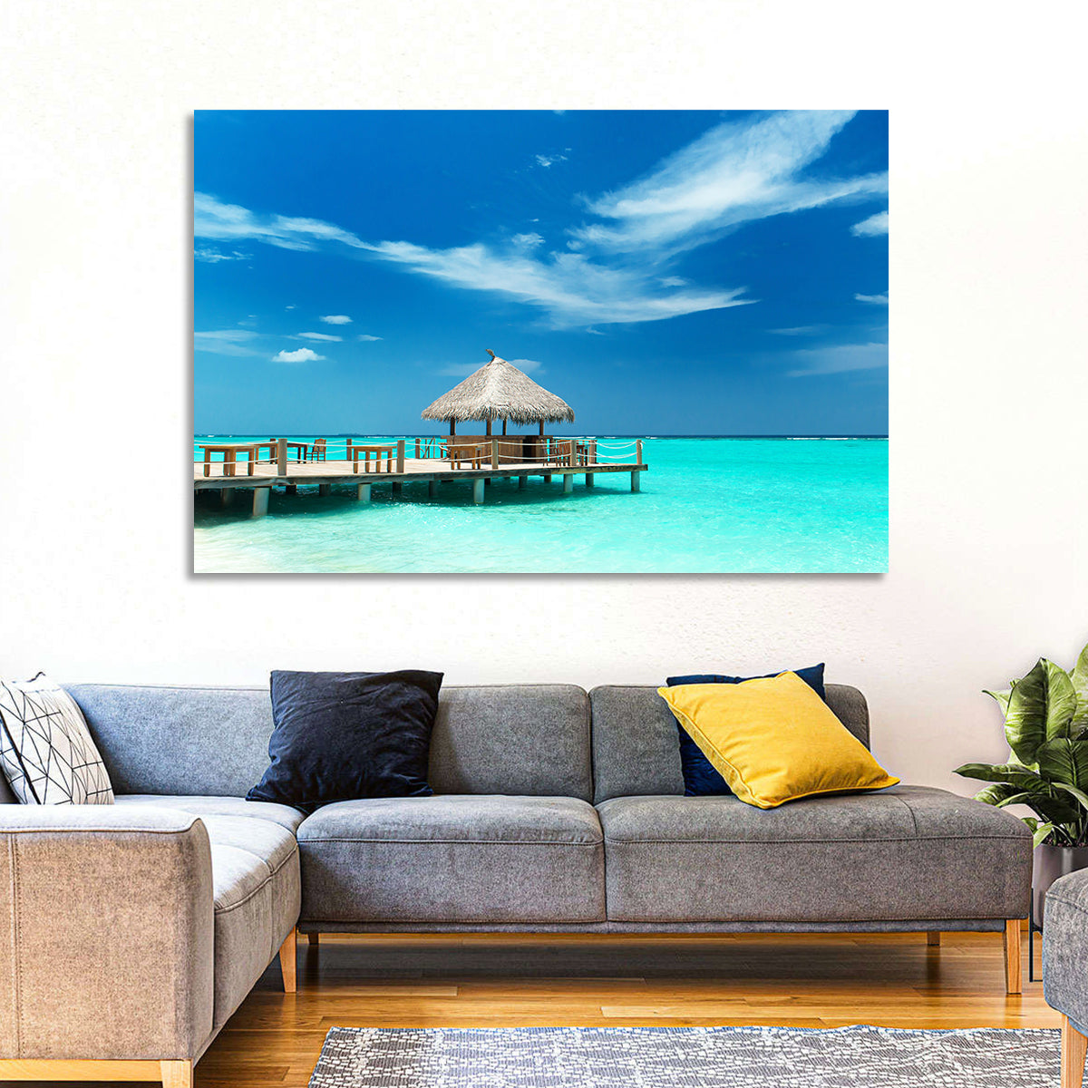 Thatched Beach Bar Pier Wall Art in a room, landscape