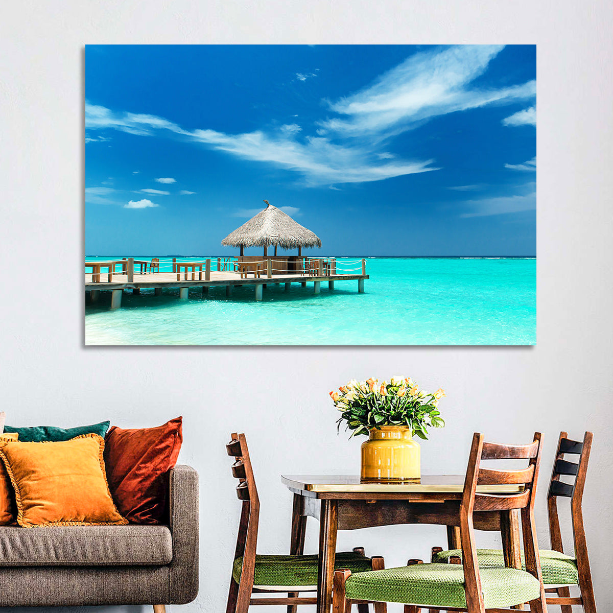 Thatched Beach Bar Pier Wall Art in a room, landscape