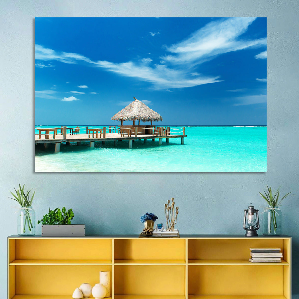 Thatched Beach Bar Pier Wall Art in a room, landscape