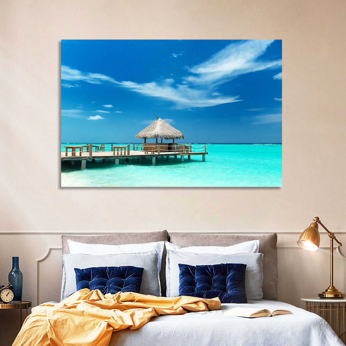 Thatched Beach Bar Pier Wall Art in a room, landscape