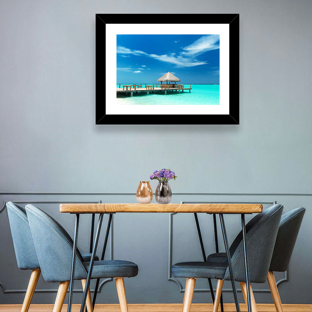 Thatched Beach Bar Pier Wall Art in a room, landscape