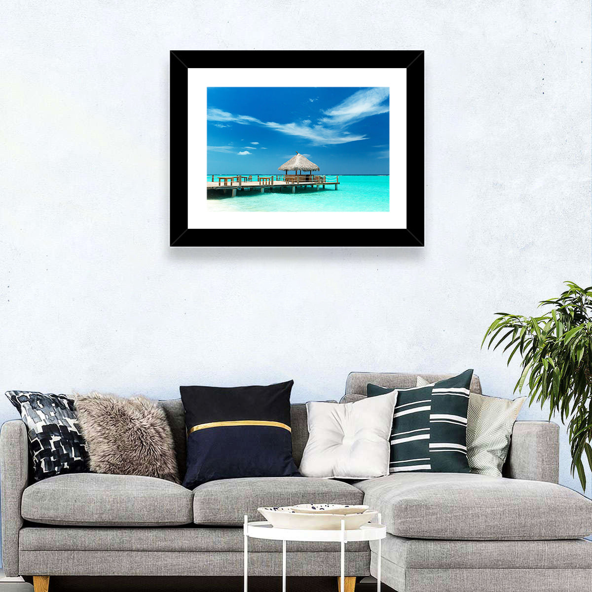 Thatched Beach Bar Pier Wall Art in a room, landscape