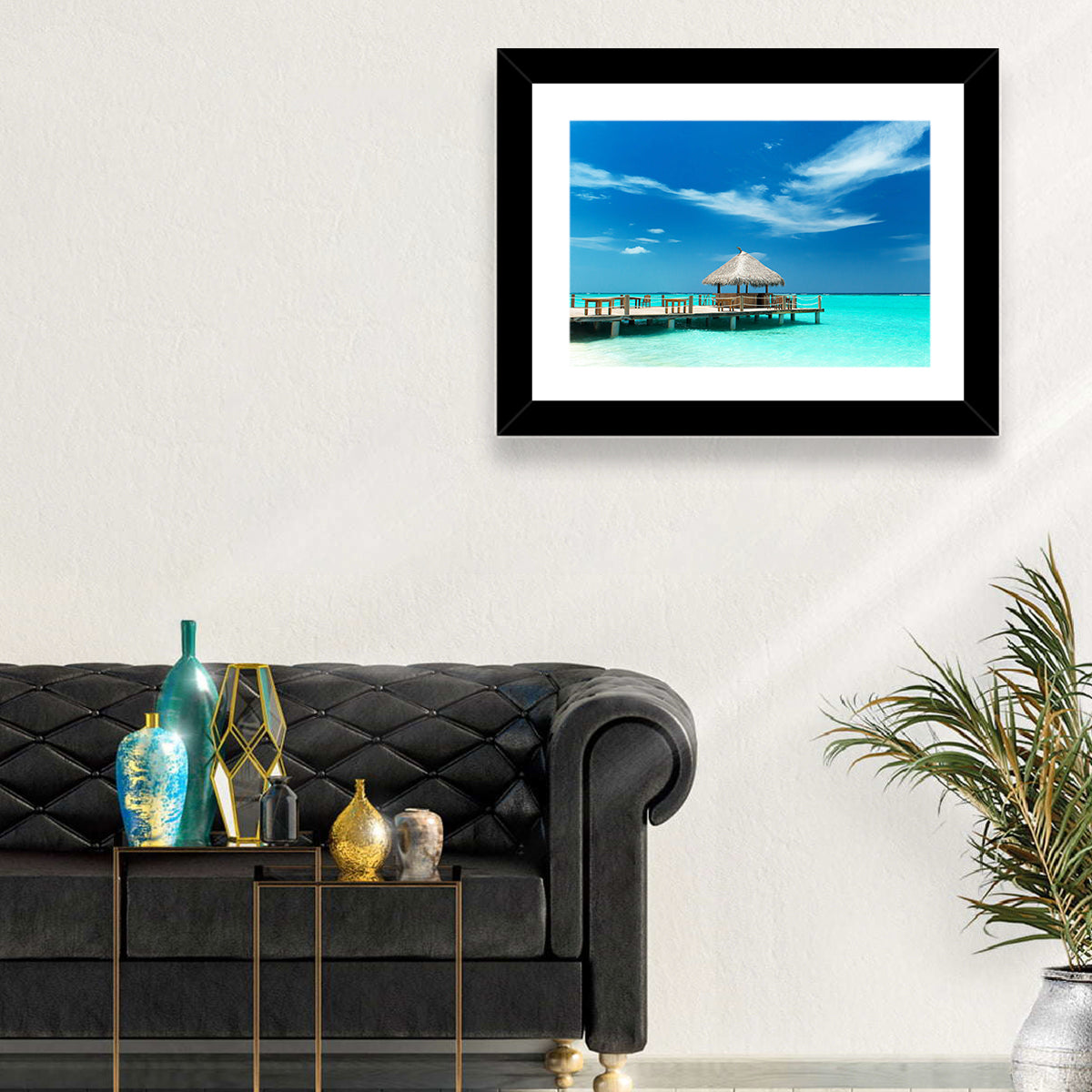 Thatched Beach Bar Pier Wall Art in a room, landscape