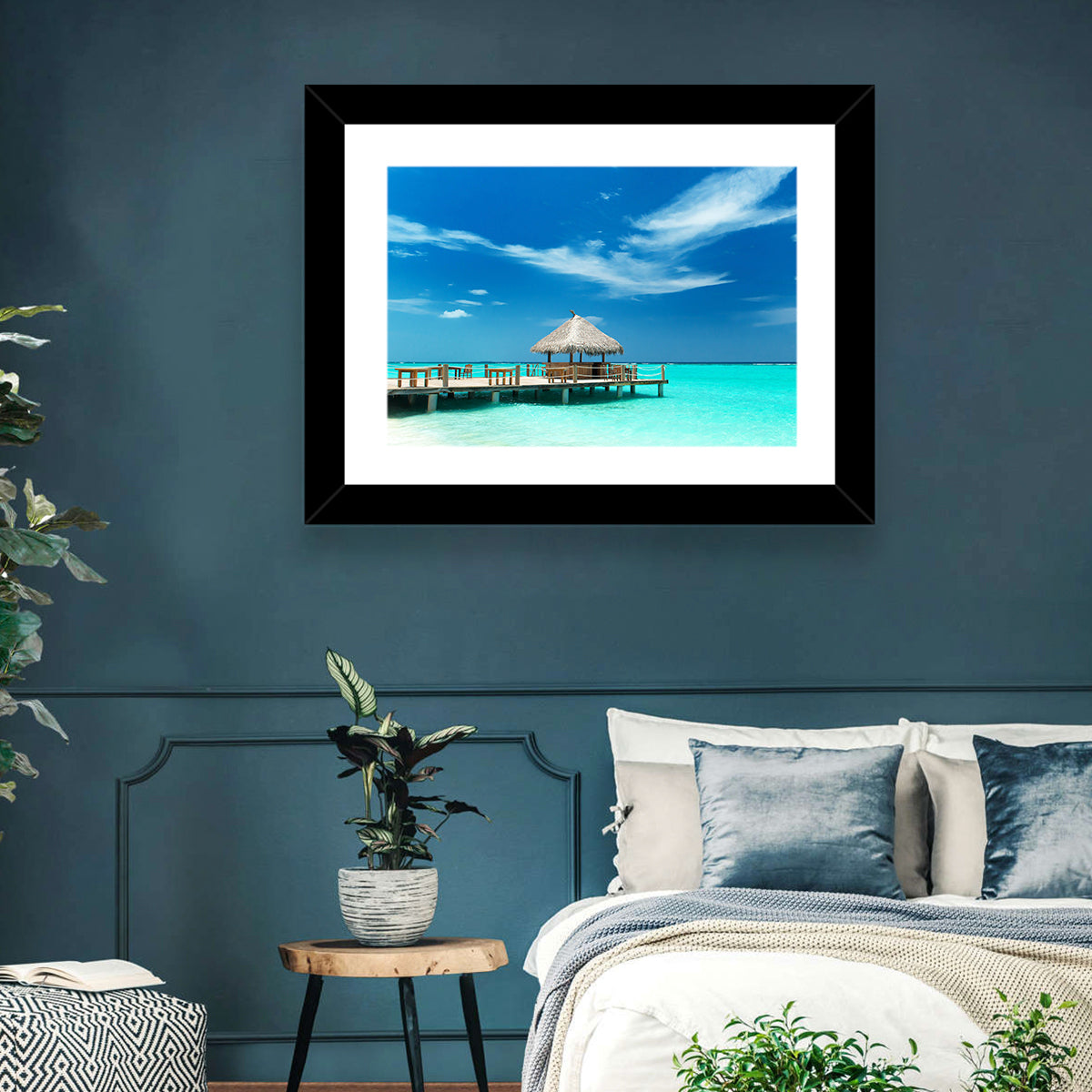Thatched Beach Bar Pier Wall Art in a room, landscape