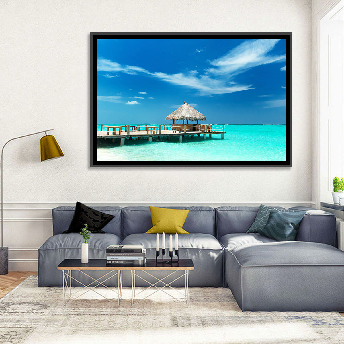 Thatched Beach Bar Pier Wall Art in a room, landscape
