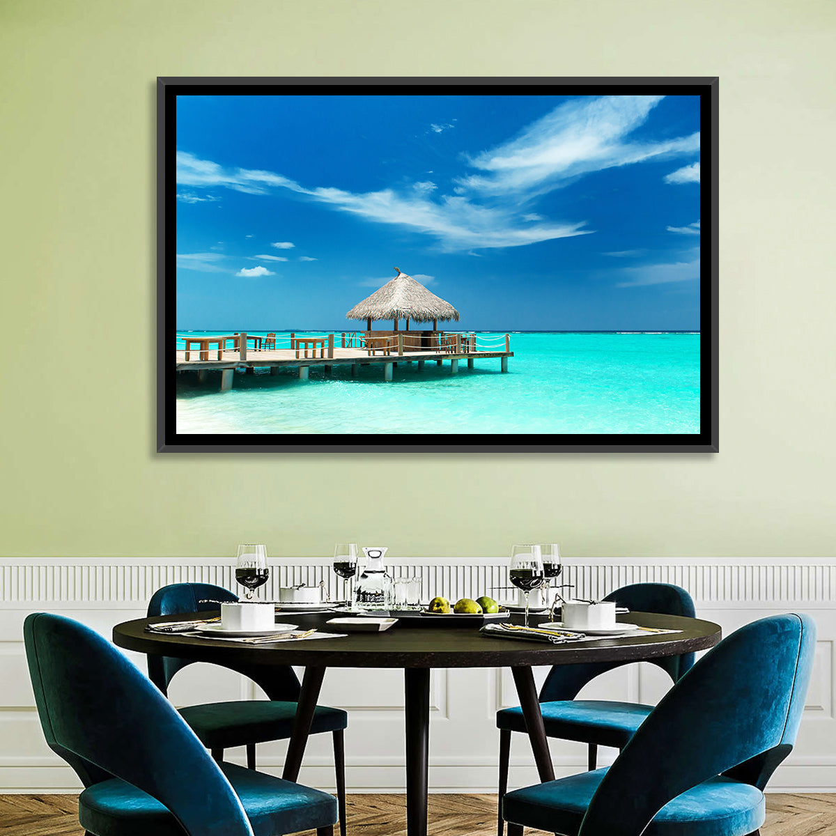 Thatched Beach Bar Pier Wall Art in a room, landscape