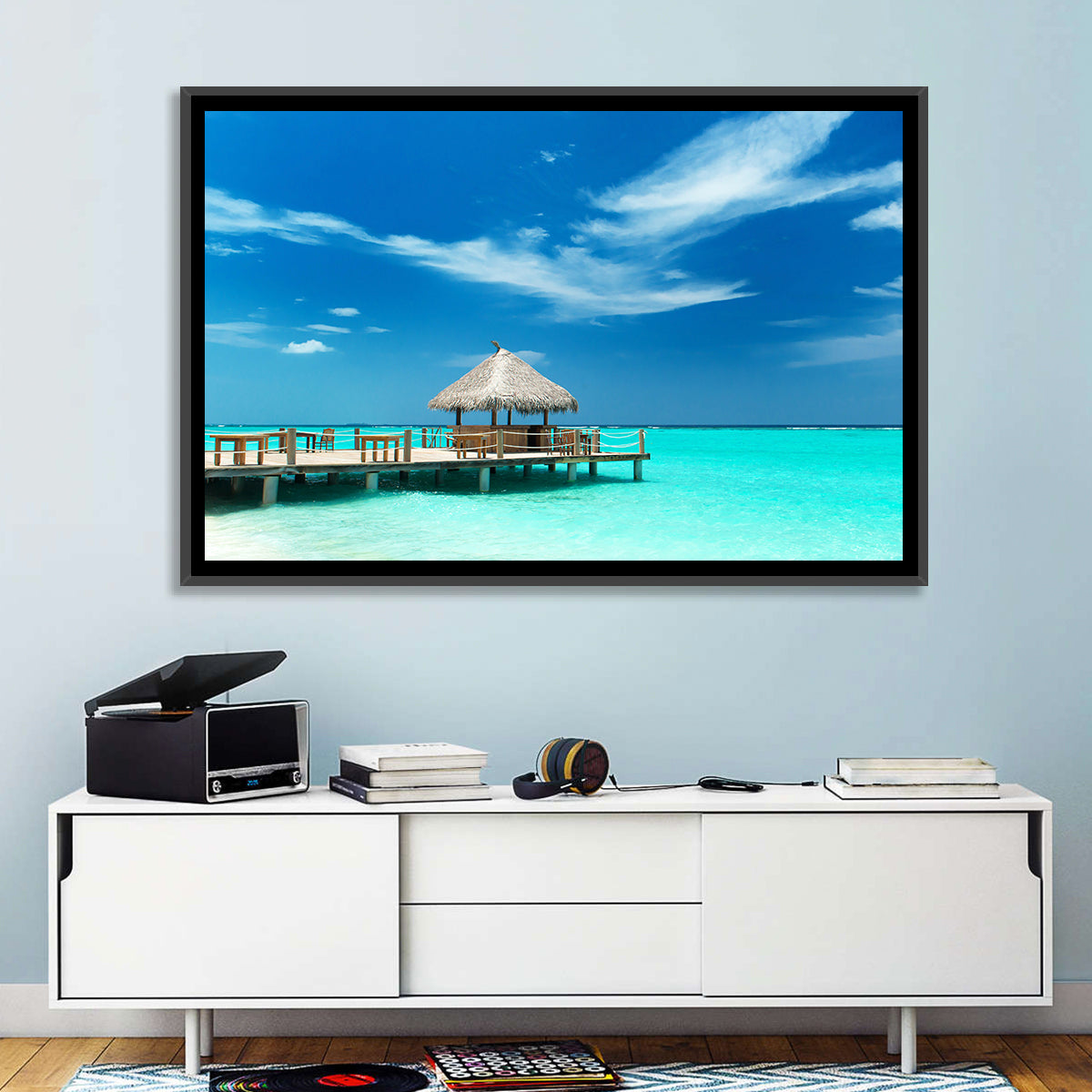 Thatched Beach Bar Pier Wall Art in a room, landscape