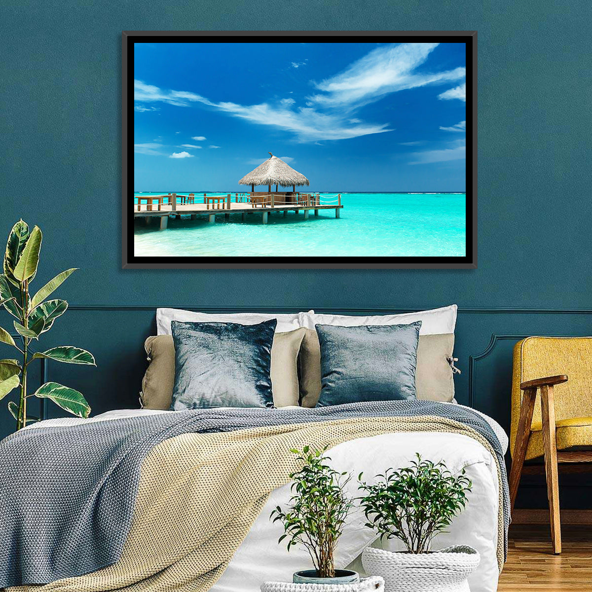 Thatched Beach Bar Pier Wall Art in a room, landscape