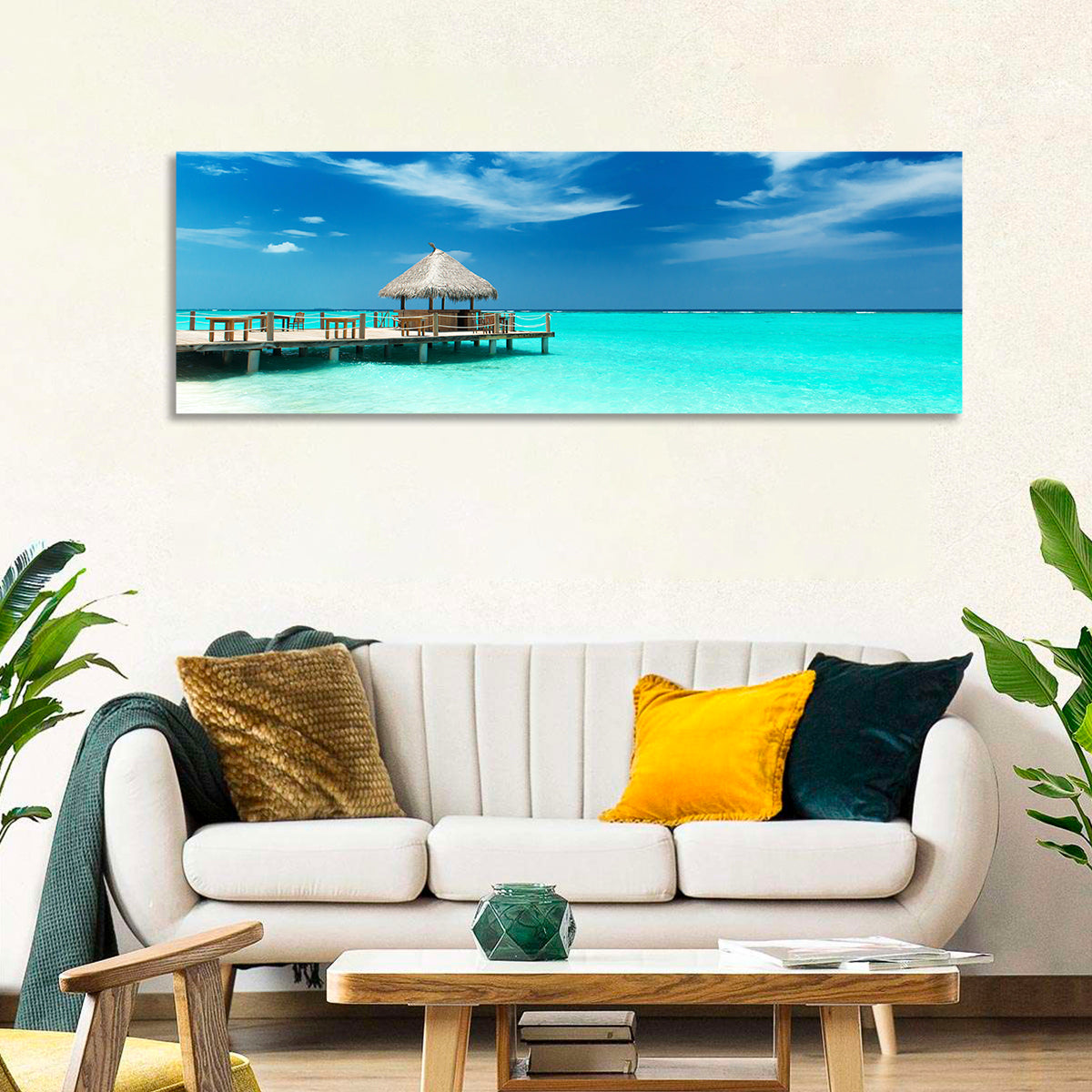 Thatched Beach Bar Pier Wall Art in a room, landscape