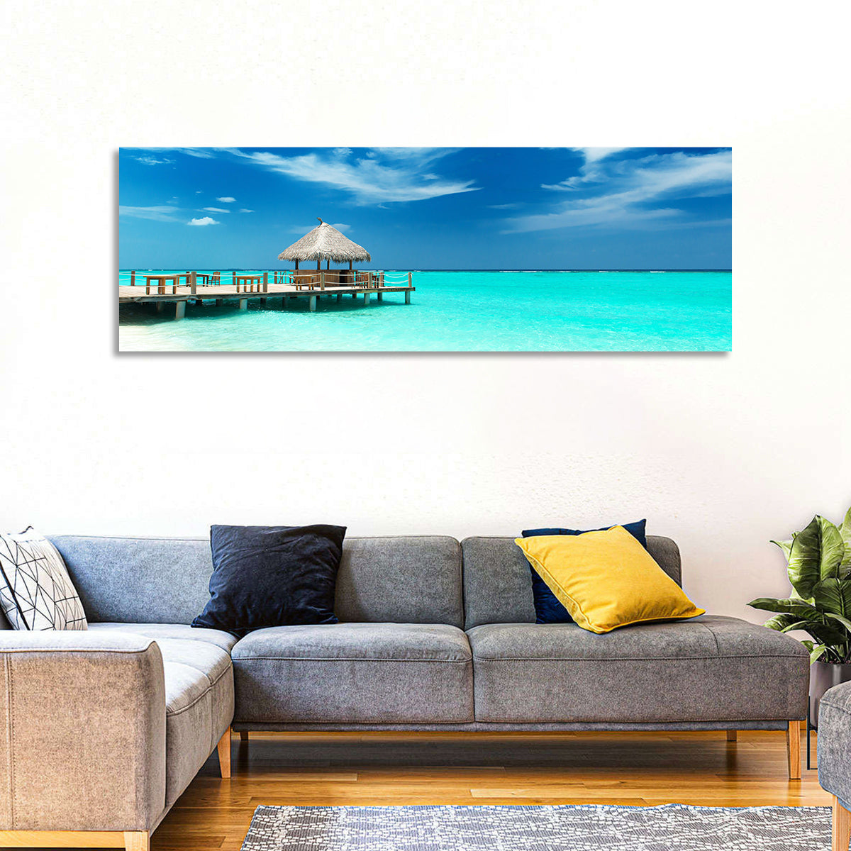Thatched Beach Bar Pier Wall Art in a room, landscape