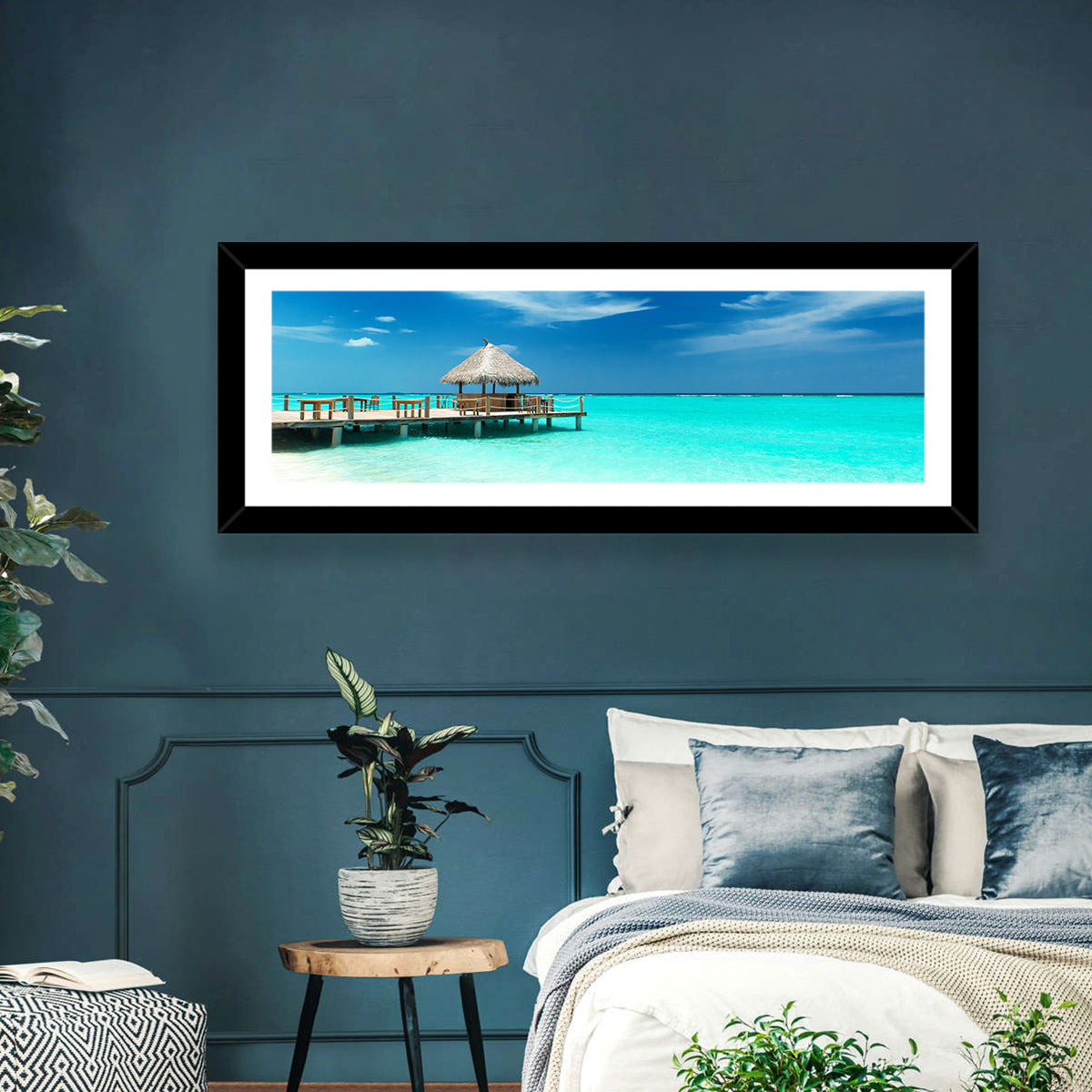 Thatched Beach Bar Pier Wall Art in a room, landscape