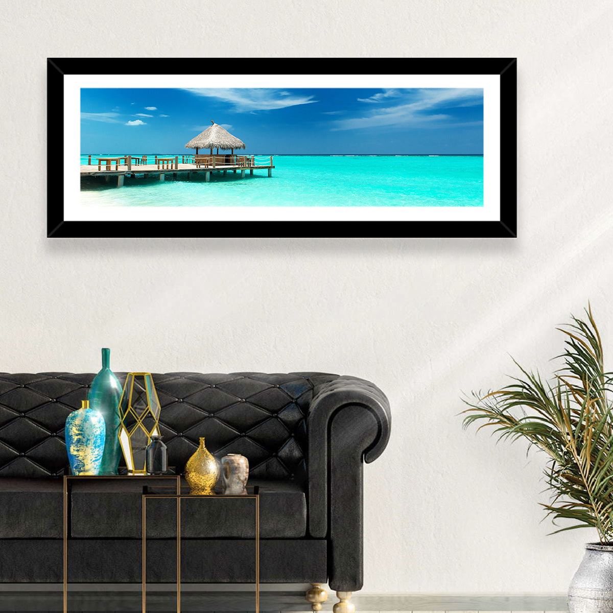 Thatched Beach Bar Pier Wall Art in a room, landscape
