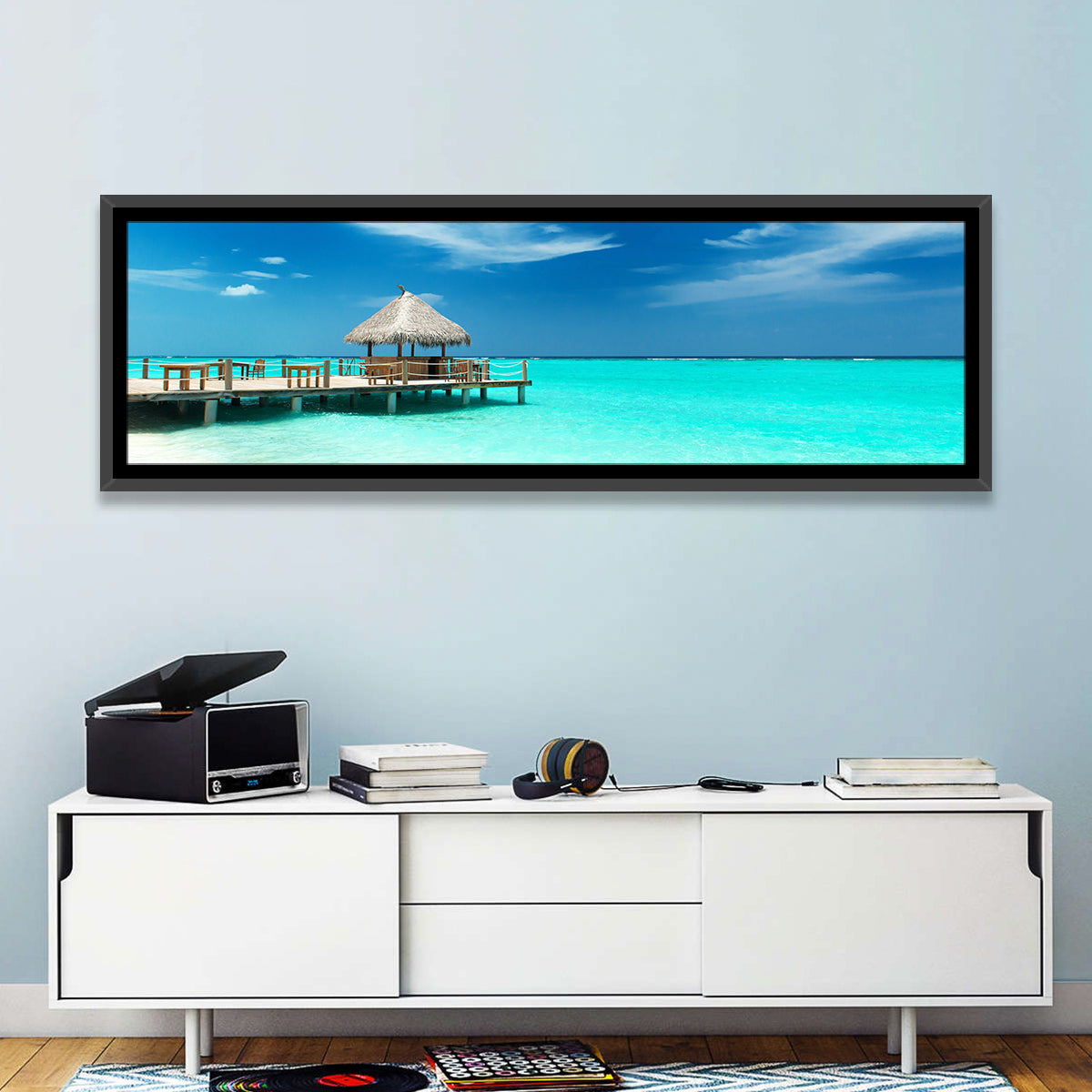 Thatched Beach Bar Pier Wall Art in a room, landscape