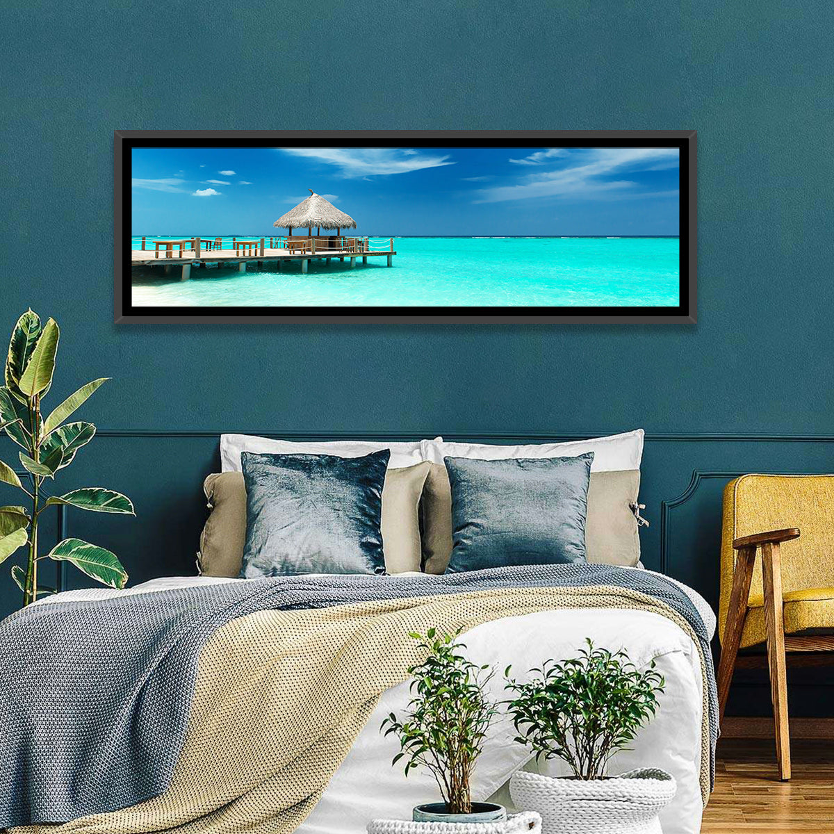 Thatched Beach Bar Pier Wall Art in a room, landscape