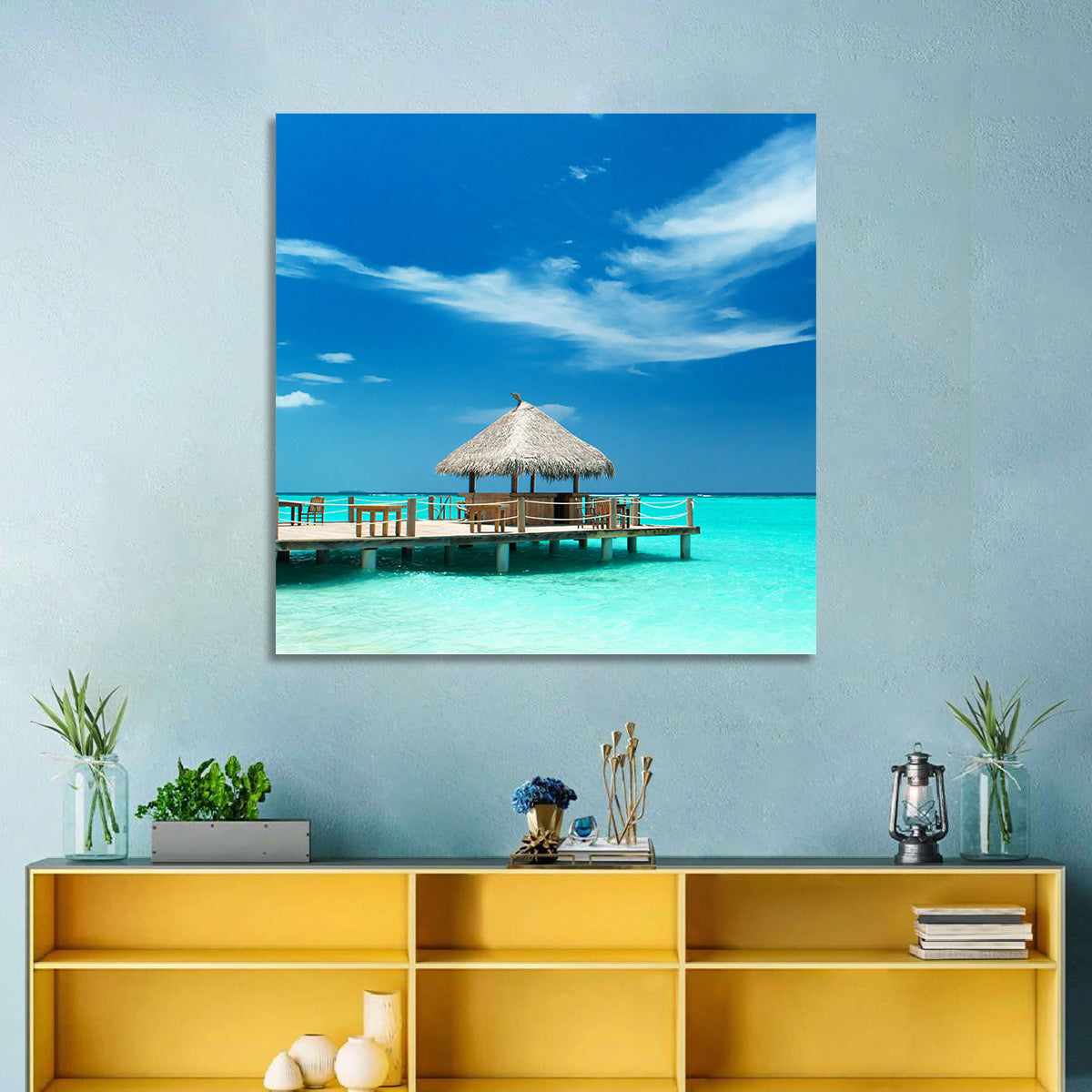 Thatched Beach Bar Pier Wall Art in a room, landscape