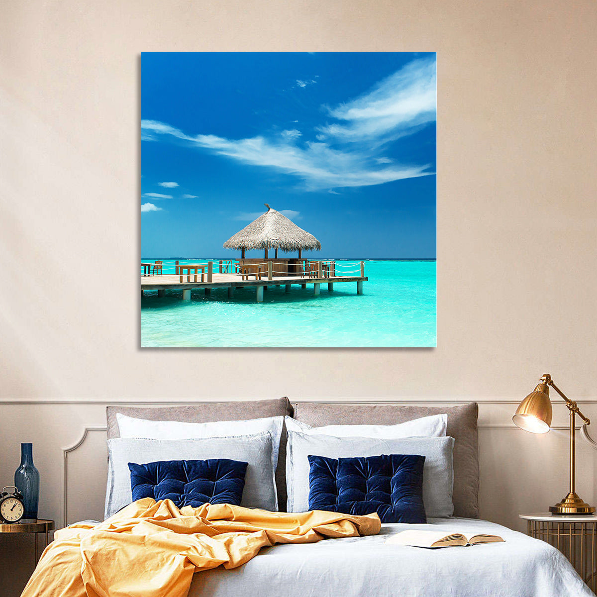 Thatched Beach Bar Pier Wall Art in a room, landscape