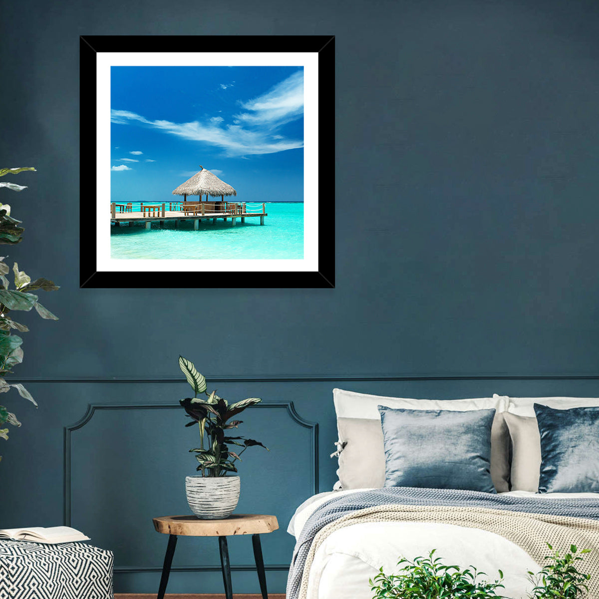 Thatched Beach Bar Pier Wall Art in a room, landscape