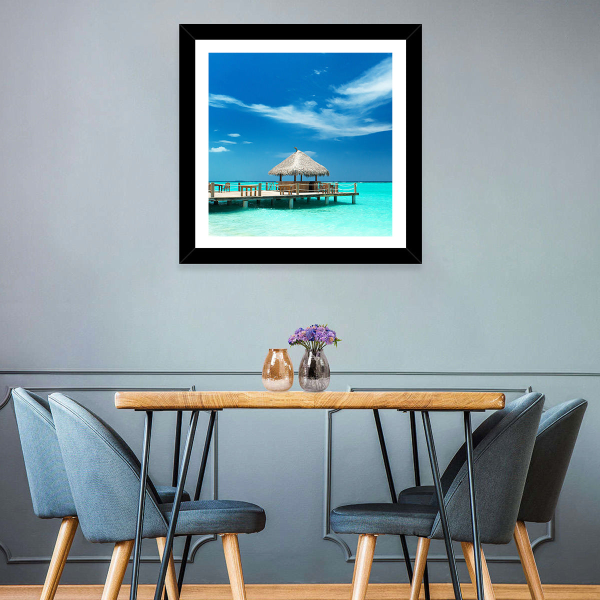 Thatched Beach Bar Pier Wall Art in a room, landscape