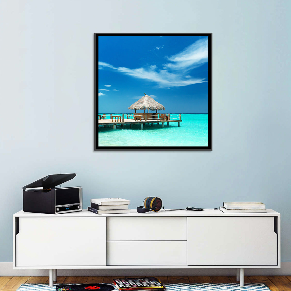 Thatched Beach Bar Pier Wall Art in a room, landscape