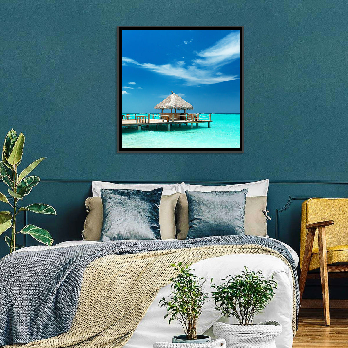Thatched Beach Bar Pier Wall Art in a room, landscape