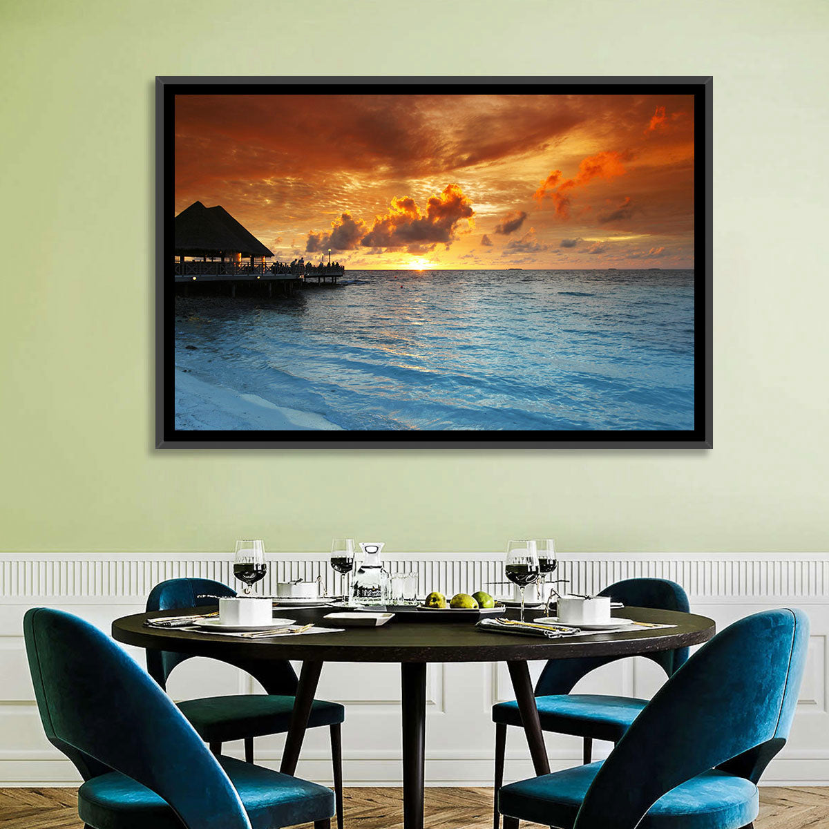 Overwater Bungalow Sunset Pier Wall Art in a room, landscape
