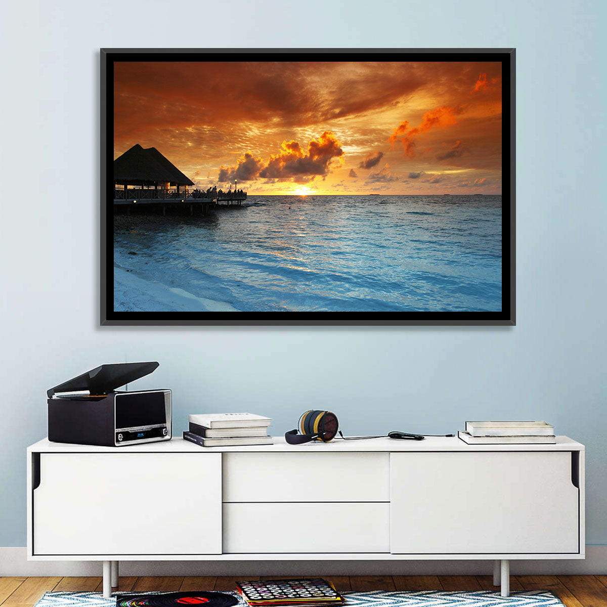 Overwater Bungalow Sunset Pier Wall Art