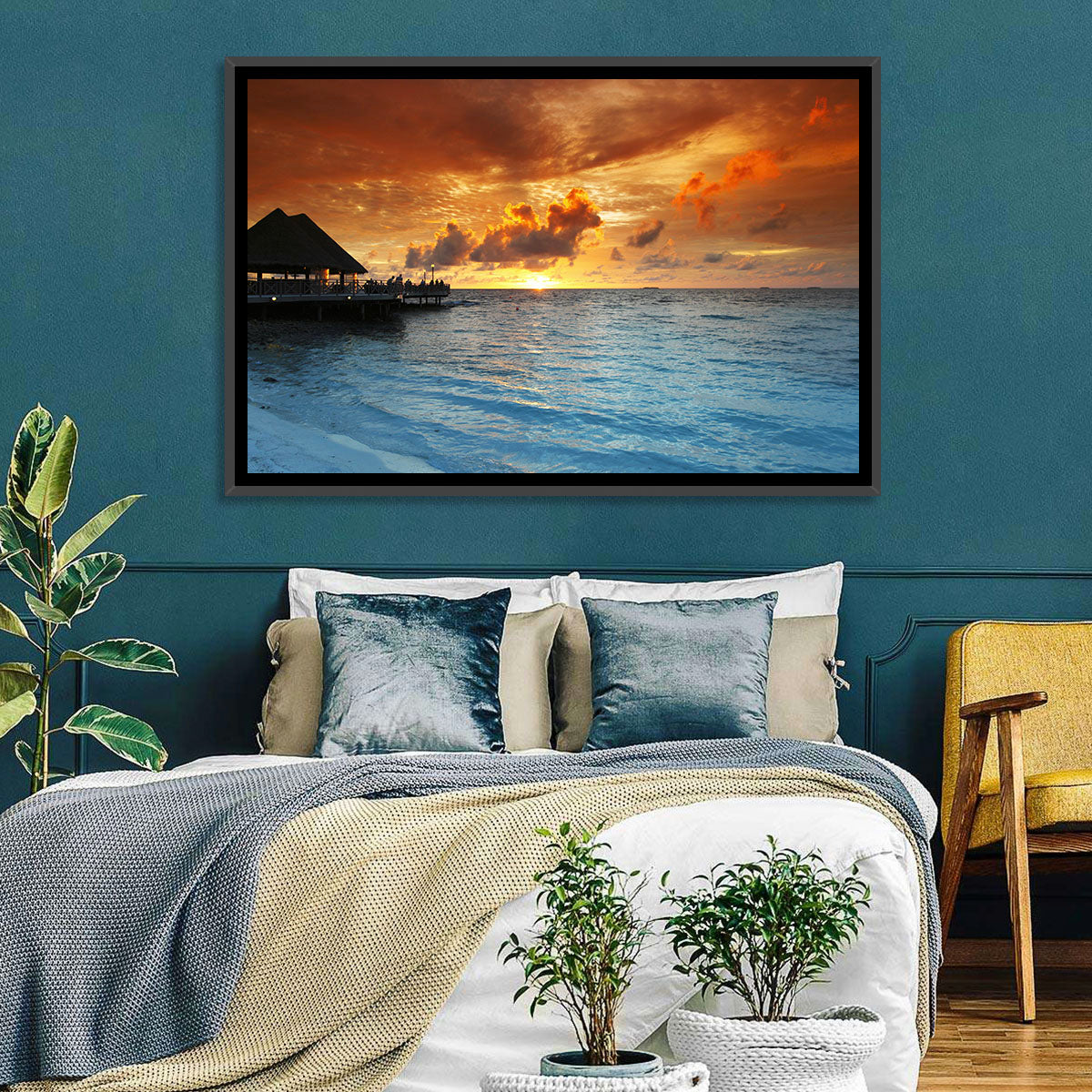 Overwater Bungalow Sunset Pier Wall Art in a room, landscape