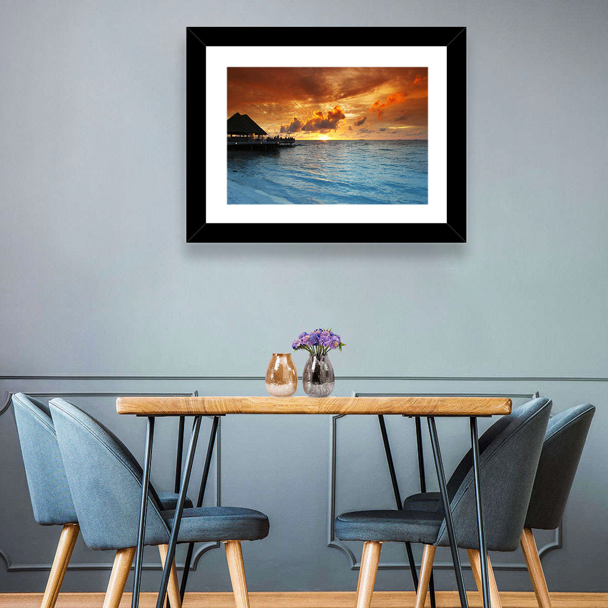 Overwater Bungalow Sunset Pier Wall Art in a room, landscape