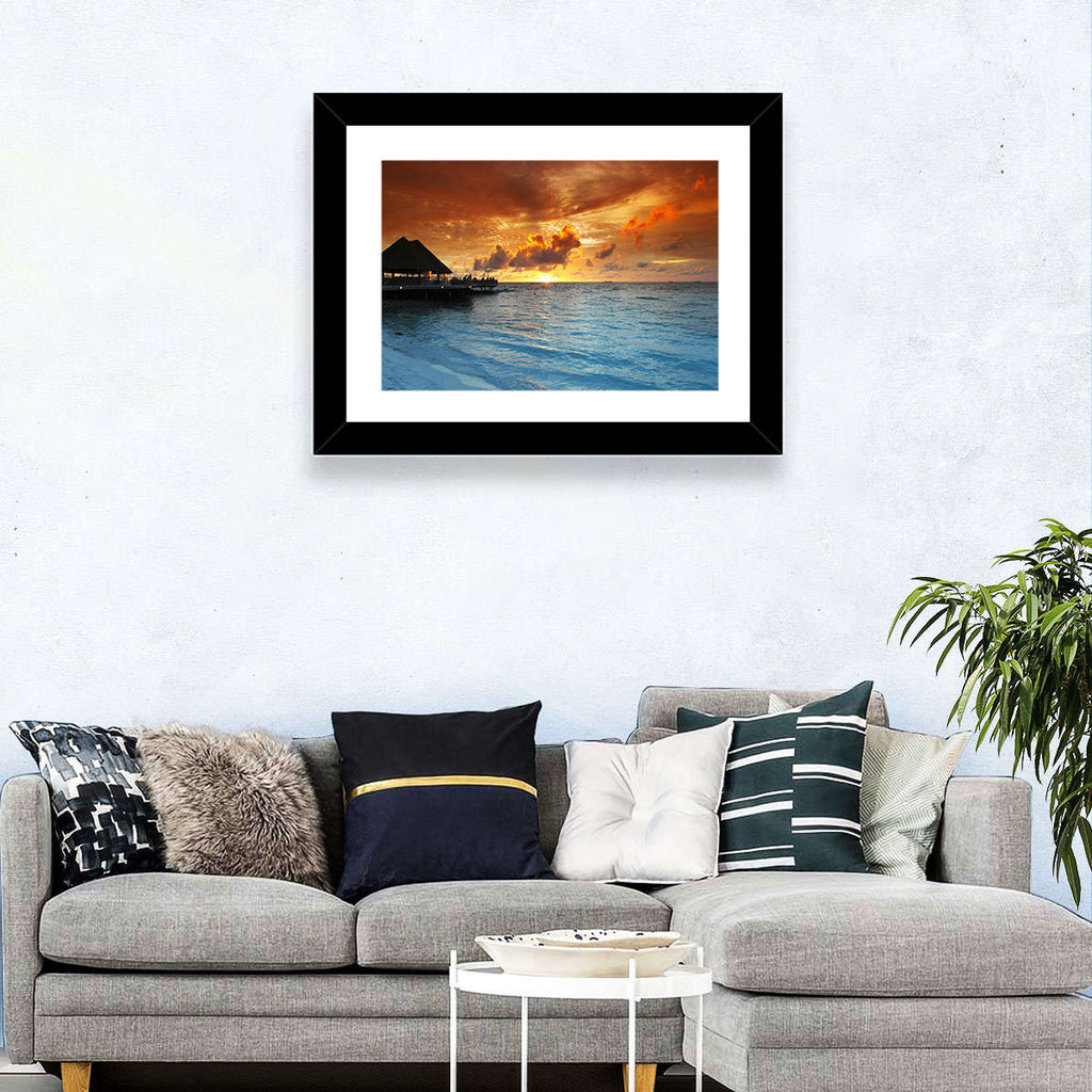Overwater Bungalow Sunset Pier Wall Art