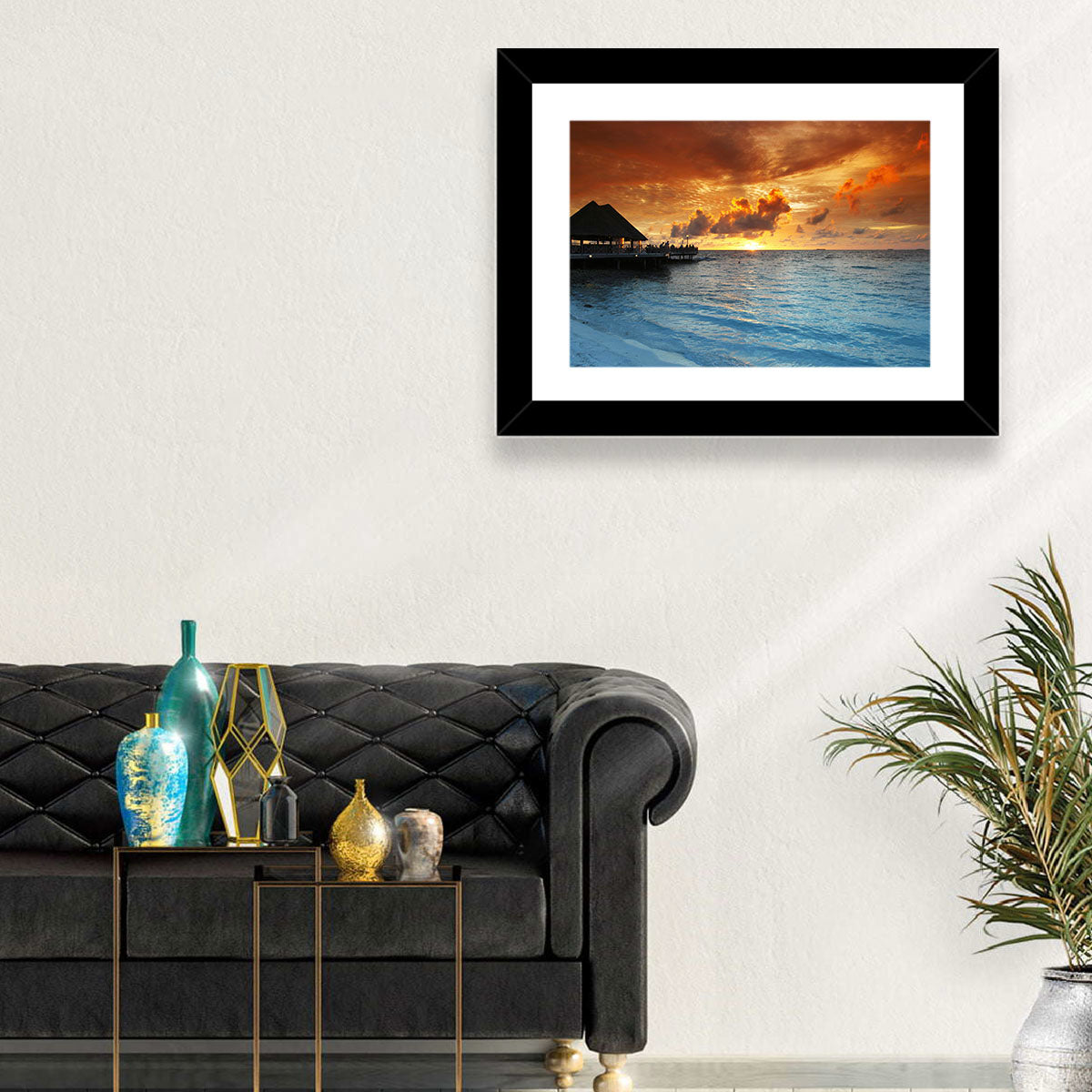 Overwater Bungalow Sunset Pier Wall Art in a room, landscape