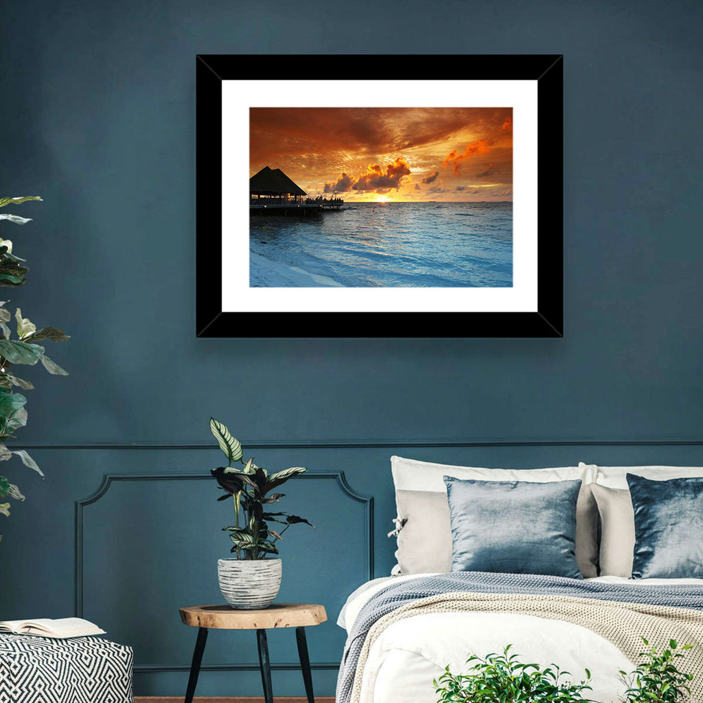 Overwater Bungalow Sunset Pier Wall Art