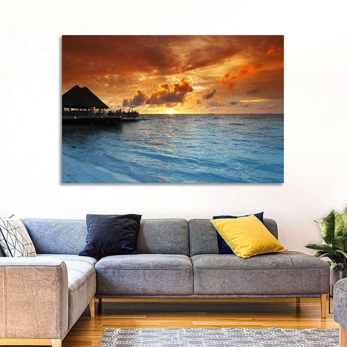 Overwater Bungalow Sunset Pier Wall Art