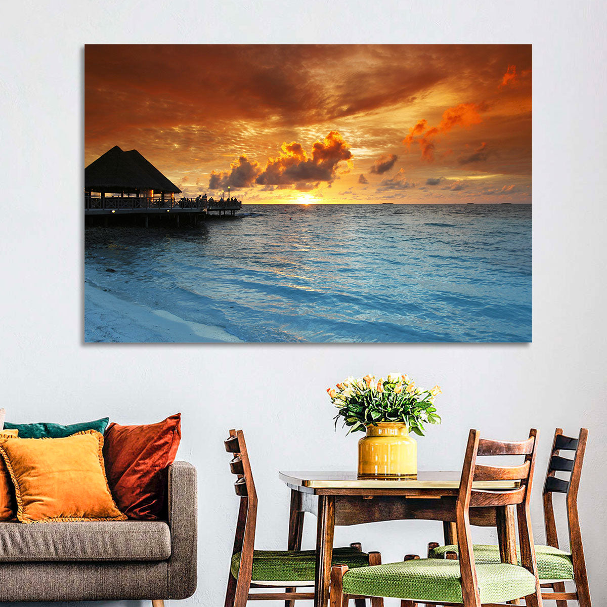 Overwater Bungalow Sunset Pier Wall Art in a room, landscape