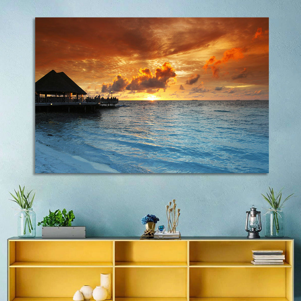 Overwater Bungalow Sunset Pier Wall Art