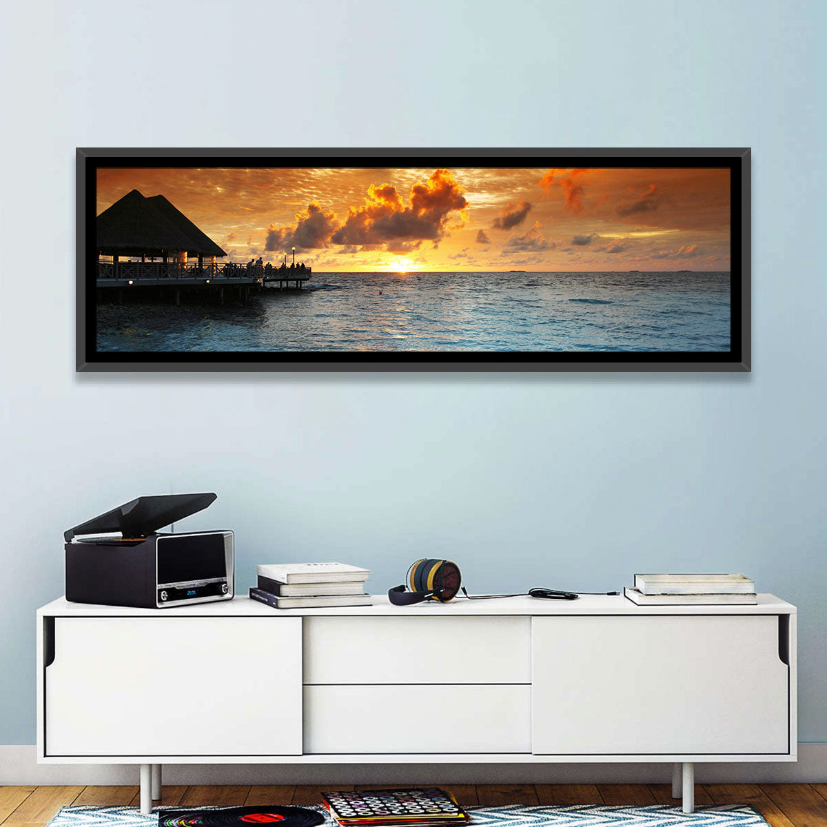 Overwater Bungalow Sunset Pier Wall Art in a room, landscape