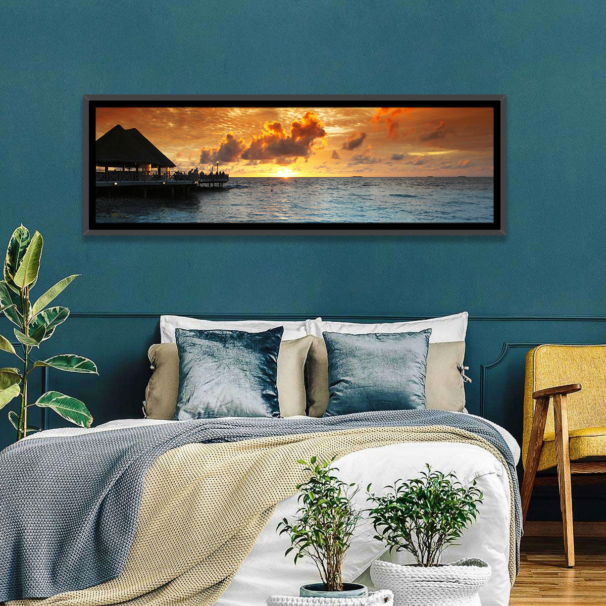 Overwater Bungalow Sunset Pier Wall Art in a room, landscape