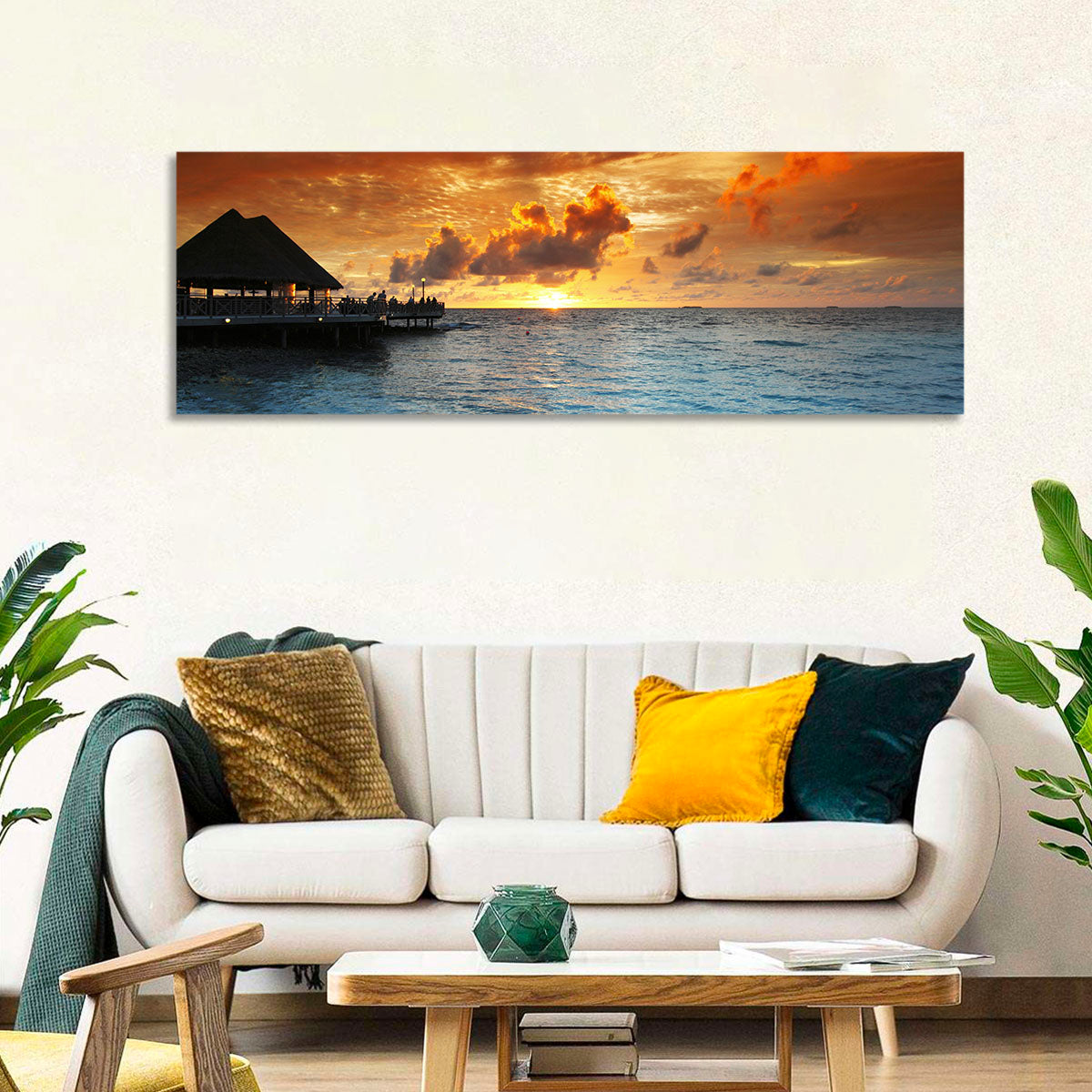 Overwater Bungalow Sunset Pier Wall Art in a room, landscape