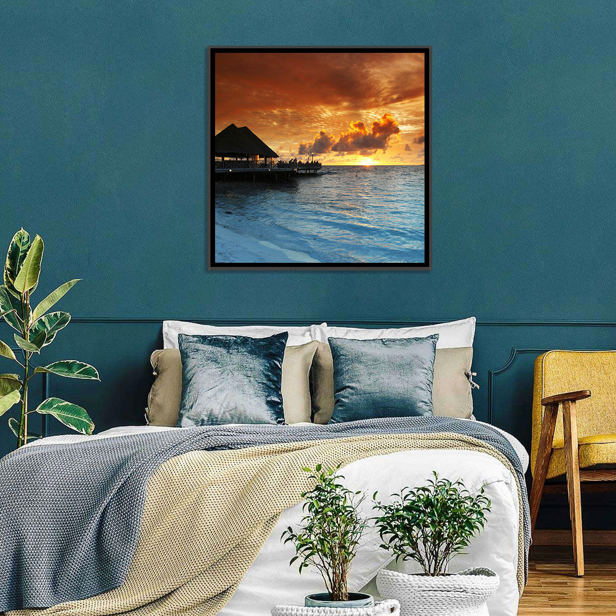 Overwater Bungalow Sunset Pier Wall Art in a room, landscape