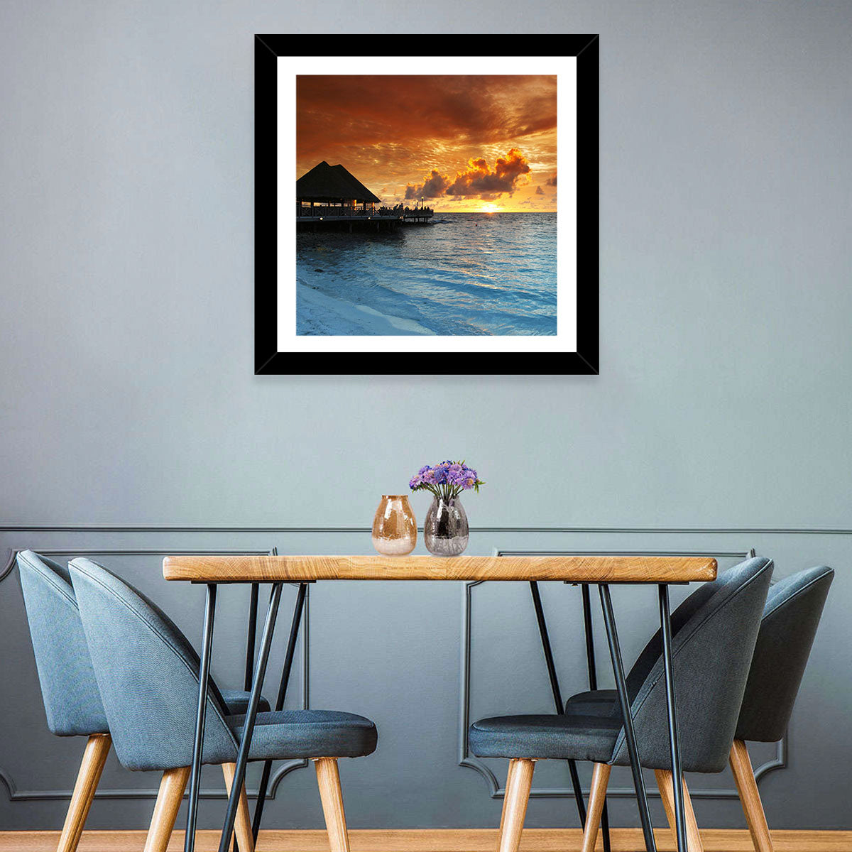 Overwater Bungalow Sunset Pier Wall Art in a room, landscape
