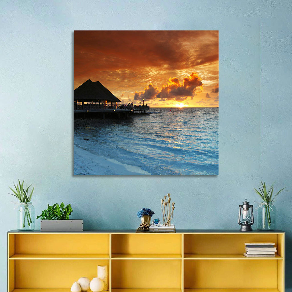 Overwater Bungalow Sunset Pier Wall Art