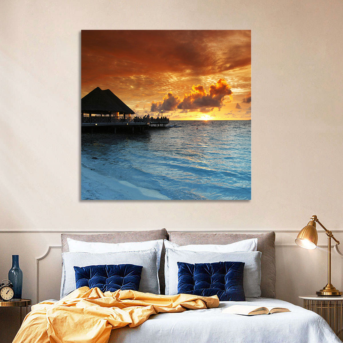 Overwater Bungalow Sunset Pier Wall Art