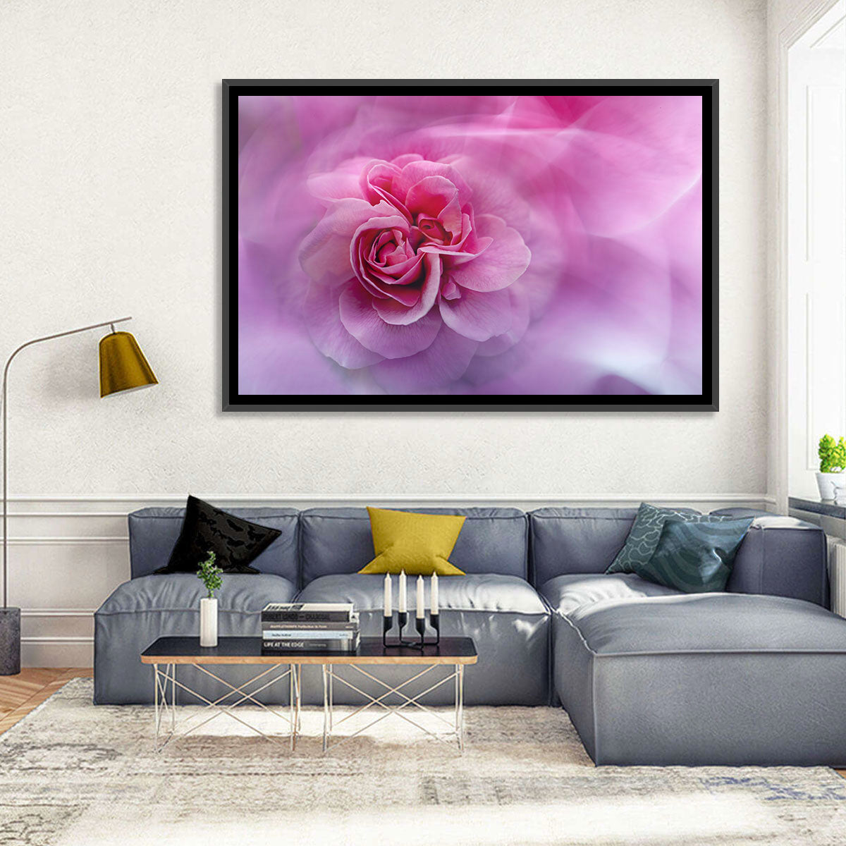 Ethereal Pink Rose Bloom Wall Art in a room, landscape