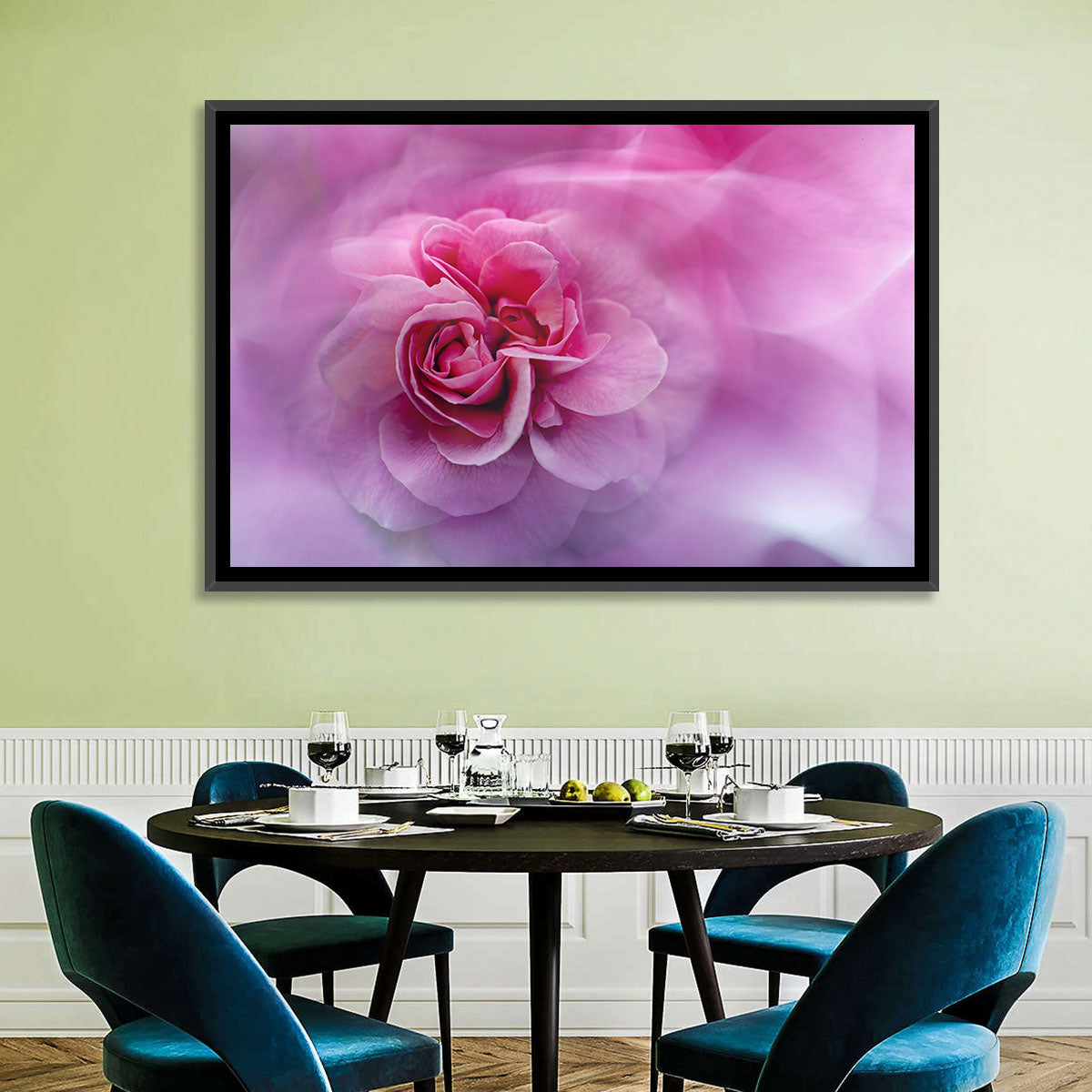 Ethereal Pink Rose Bloom Wall Art in a room, landscape