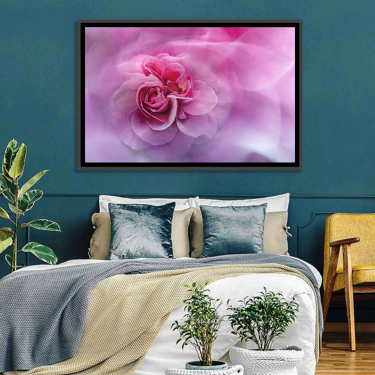 Ethereal Pink Rose Bloom Wall Art in a room, landscape